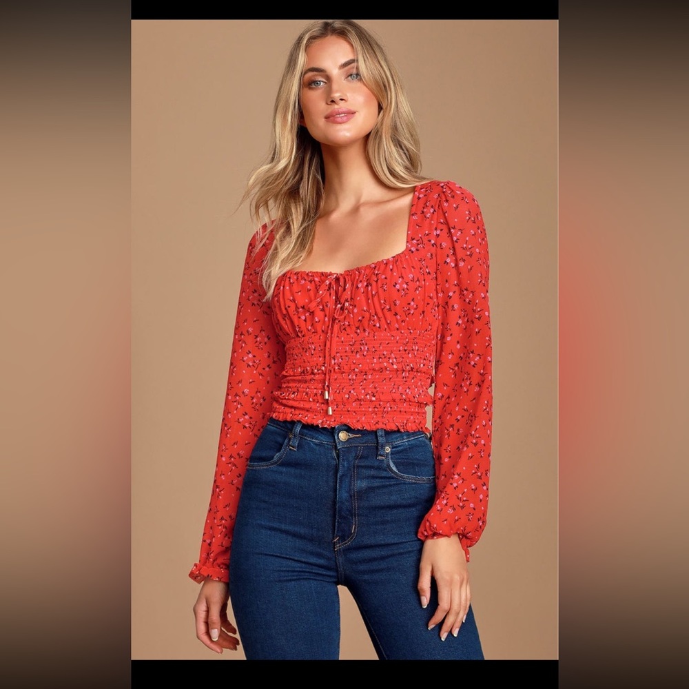 Free People Lolita Red Peasant Semi Crop Floral Blouse Red small